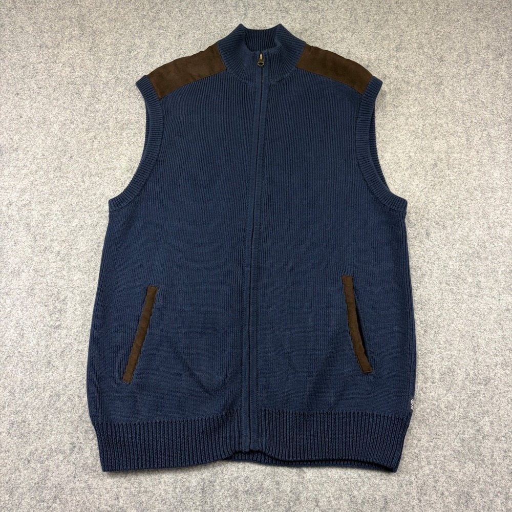 Chaps Mens Full Zip Sweater Vest Navy Blue Suede Trim Ribbed Cotton Large